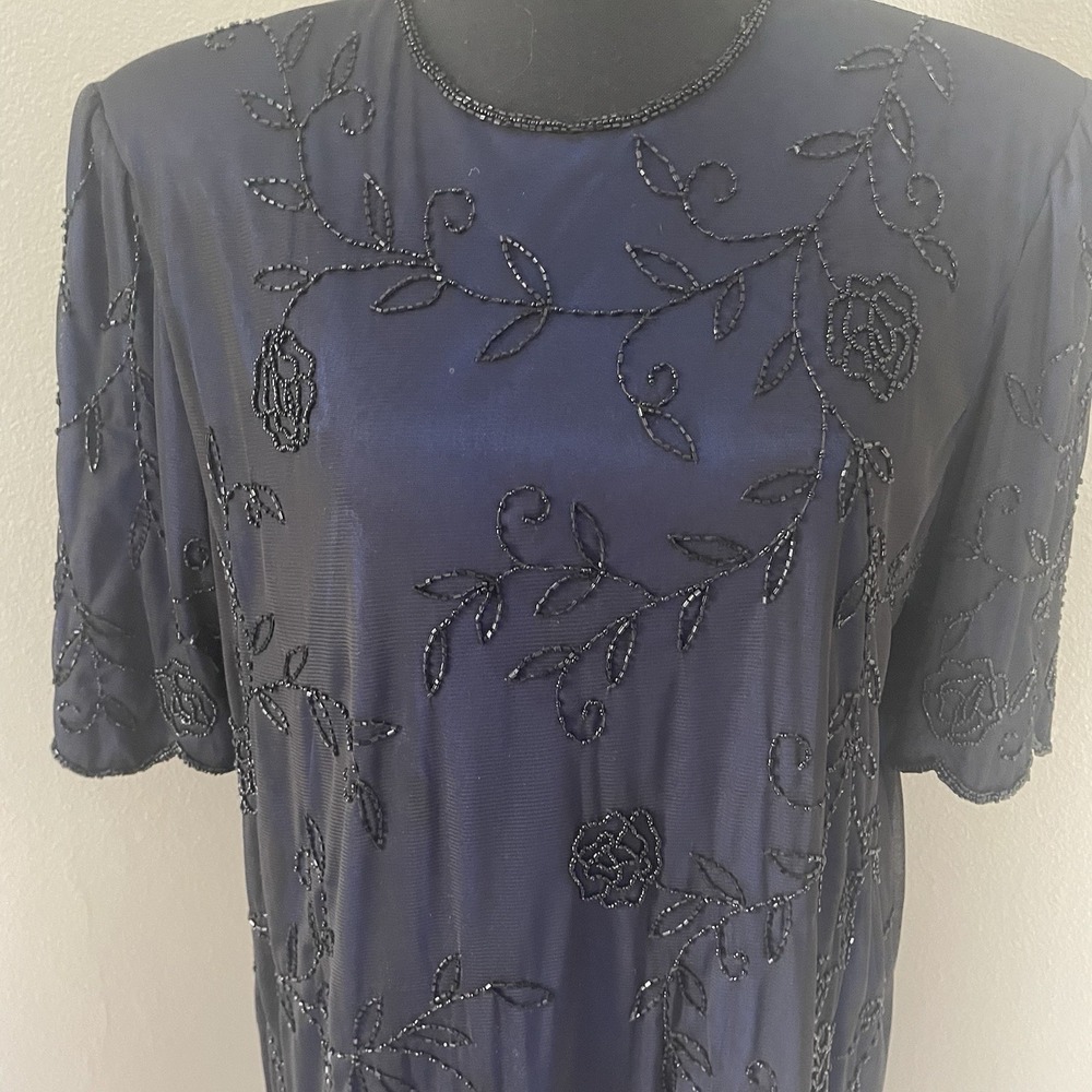 Vintage BRILLIANTE BY J.A. Sz XL Navy Beaded Sequined Dress Layer Illusion Glam - Picture 4 of 11